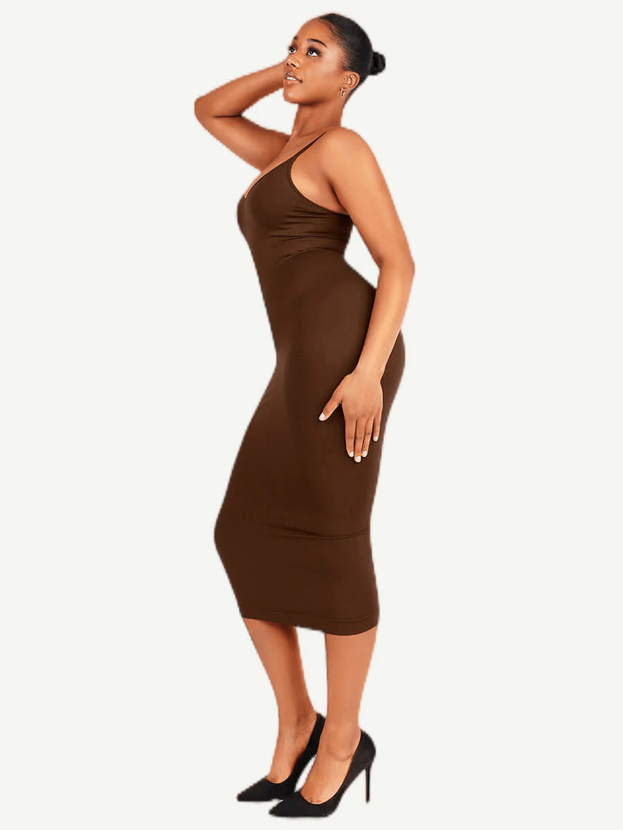 Spaghetti Strap V-Neck Dress - Coffee